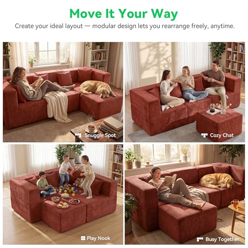Image of MONVANE 103'' Oversized Boneless Sectional Couches for Living Room, 4-Seat L Shaped Cloud Couch, Modular Sofa with Ottoman & 4 Throw Pillows, Comfy Chenille, No Assembly Required, Red