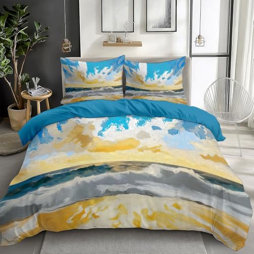 Sky Blue Bedding Sets Abstract Graffiti Seascape Print Duvet Cover Set, Comforter Cover Full Size Soft Breathable Reversible 3-Piece Bedding for Kids Teens