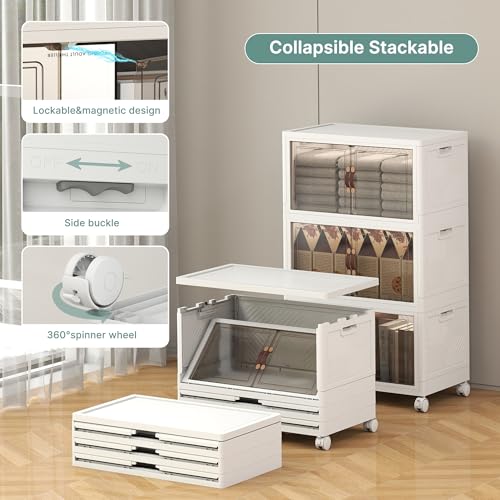 Image of UAMFURI 144QT Lockable Storage Bins with Lids - Stackable Storage Cabinet with Doors and Wheels, Collapsible Plastic Organizer and Containers for Closets, Office, 3 Pack Cubes