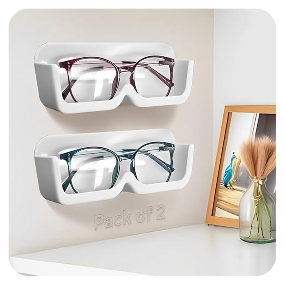 2 Pieces Specs Holder Wall Mounted/Sunglasses Display Case with Adhesive Sticker/No-Drill Display Stand/Specs Holder Plastic Case/Eyewear Case Shelving/Glasses Holder Plastic (White)