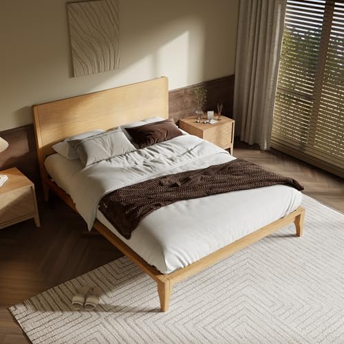 Image of Merax Queen Size Bamboo Platform Bed Frame with Tall Headboard, Natural | Mid-Century Modern Solid Sustainable Bedframe Queen-Size, Wood Slat Support, No Box Spring Needed, Easy Assembly, Noise Free