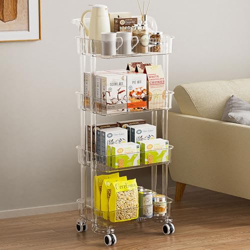 Carrito organizador de plástico de 4 niveles con asa, carrito de almacenamiento multifuncional con ruedas bloqueables y asa reforzada, para guardería, oficina, sala de estar, baño, cocina
