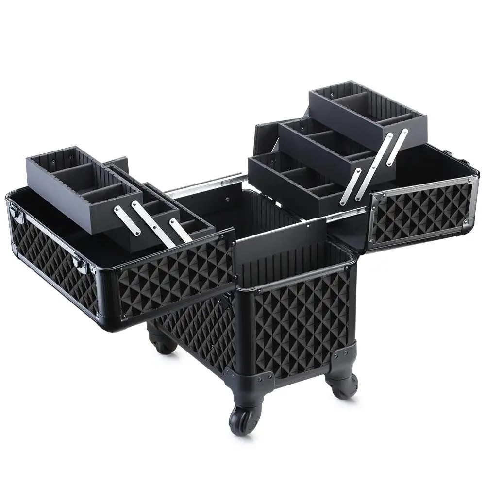 SHAMAX® Professional Rolling Makeup Case, Cosmetic Organizer Trolley, Manicure Storage Vanity Locks- Trolley for Hairdressers, Salons, Beauty Lovers - 360- Degree Universal Wheels (5088 Black) - Image 2 thumbnail