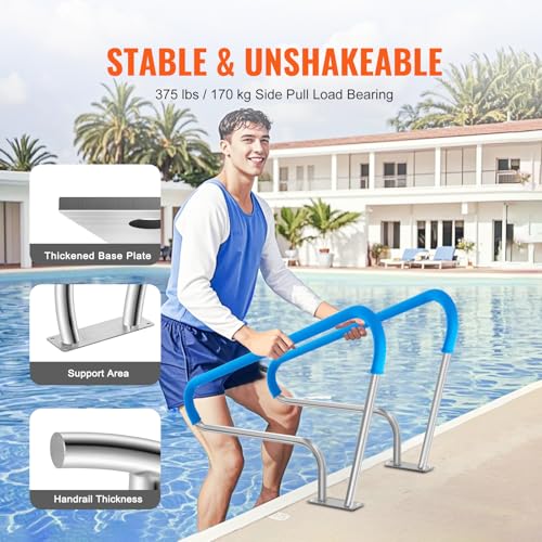Image of VEVOR Pool Handrail, 2 PCS 48x36in Railing, Stainless Steel with Base Plate for Indoor /Outdoor Pools, Safety Railing for Decks, Rust-Proof Grab Bar w /Grip Cover & Accessories for Spas