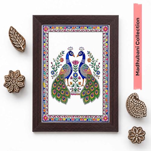 Image of PAPER PAJAMA Peacock Pair Wall Art for Living Room | Madhubani Peacock Painting | Traditional Indian Folk Art Bird Artwork Framed Decor for Home, Bedroom & Office (10x13 Inches)