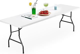 DUMOS 8 Feet Plastic Folding Table, Outdoor Portable Heavy Duty Table with Carrying Handle, Lock for Camping Picnic Party Dining, White