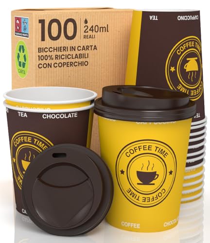 100 Bicchieri Caffè ASPORTO in Carta 240ml con COPERCHIO Bevande Calde e Fredde come Tè Infusi Acqua Cappuccino sono Ecologici Biodegradabili Tazze Monouso Colorate + 100 Coperchi con Beccuccio