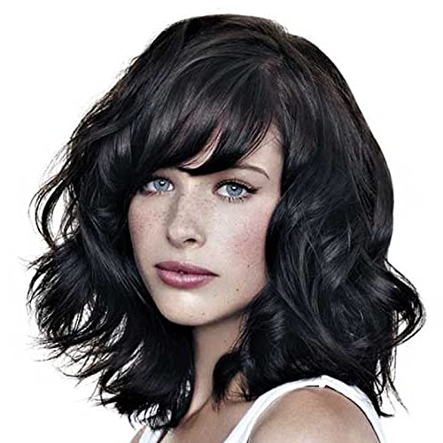 GNIMEGIL 16'' Short Layered Hairstyles Wavy Bob Black Wigs for Women Brunette Curly Hair Wig with Bangs Natural Synthetic Hair cuts Cosplay Costume Everyday Use