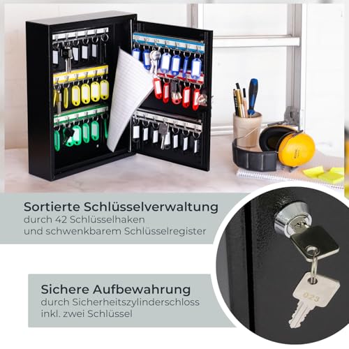 HMF 13542-02 Schlüsselschrank Schlüsselkasten 42 Haken verstellbare Hakenleisten, 35,0 x 27,0 x 8,0 cm, schwarz