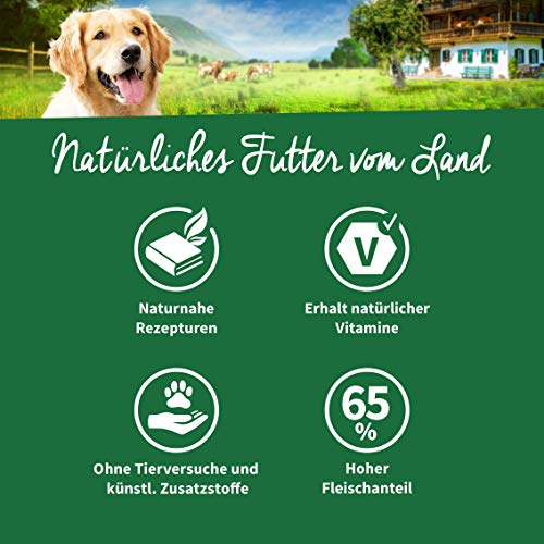 Müllers Naturhof - Mix - 6 x 800 g - Nassfutter für alle Hunderassen - getreidefrei und glutenfrei - mit Gartengemüse und Wiesenkräutern - naturnahe Rezeptur mit 65% Fleisch