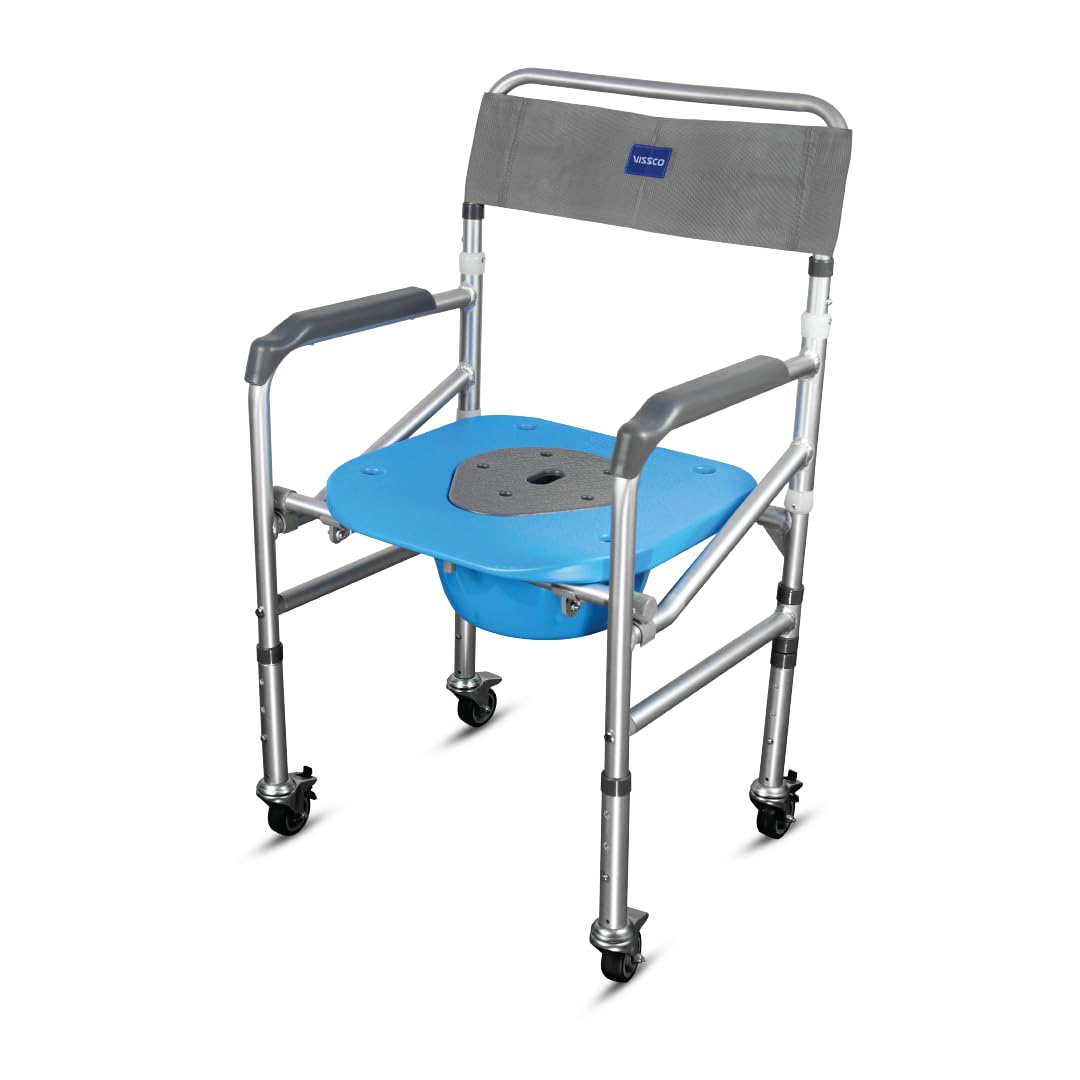 Vissco Comfort 3 in 1 Foldable Commode Shower Chair (Height Adjustable+Can roll Over Toilet WC), Available with and Without Wheels, Washable & Long Lasting, Weight Bearing Upto 100kg -Universal(Grey)