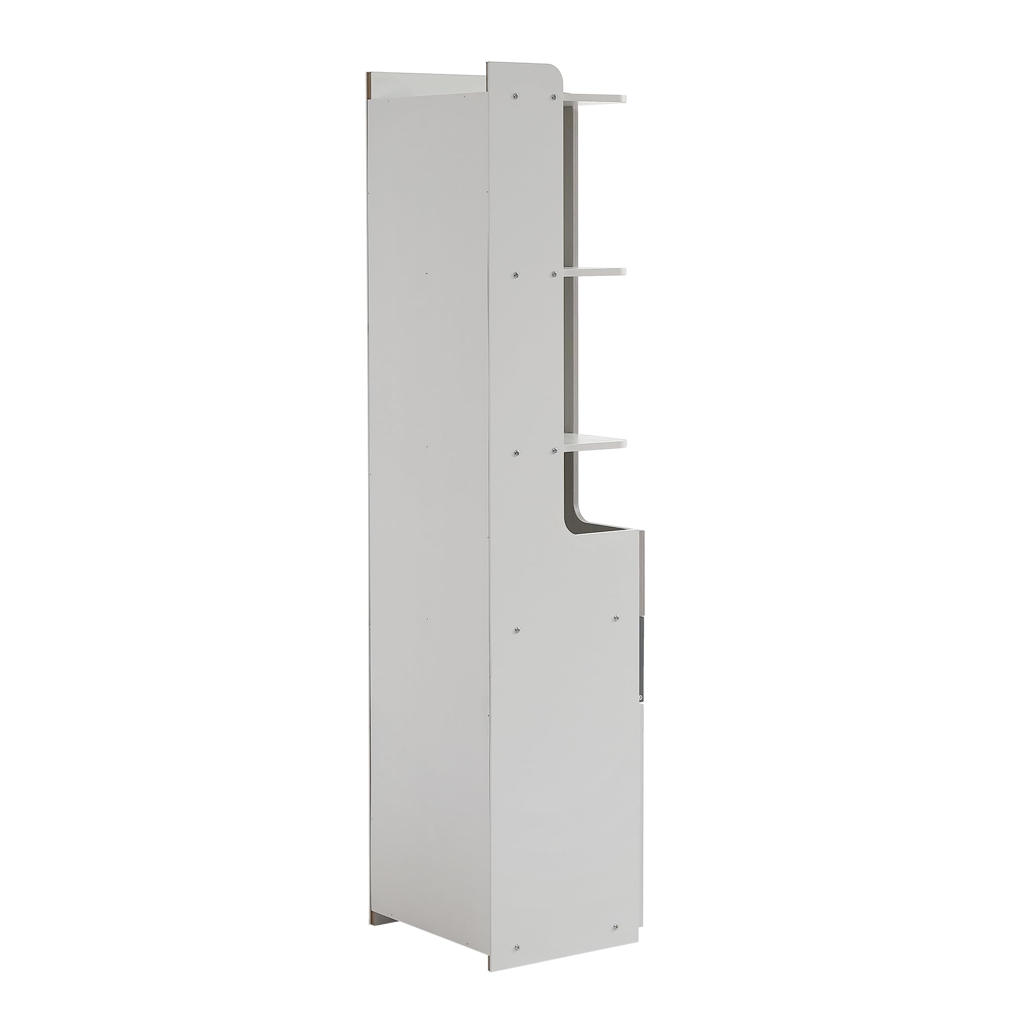 Idemon Libreria alta per adolescenti con porta a forma di L, con cassetto, porte con cerniere, con bottoni quadrati in metallo, MDF, bianco + olmo chiaro + grigio