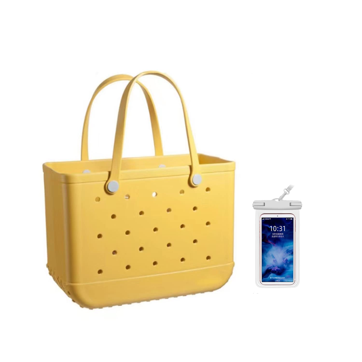 Sac fourre-tout de plage imperméable et lavable avec étui de téléphone étanche en EVA portable avec trous pour la plage, l'extérieur, le bateau, la piscine, le travail, le sport, jaune