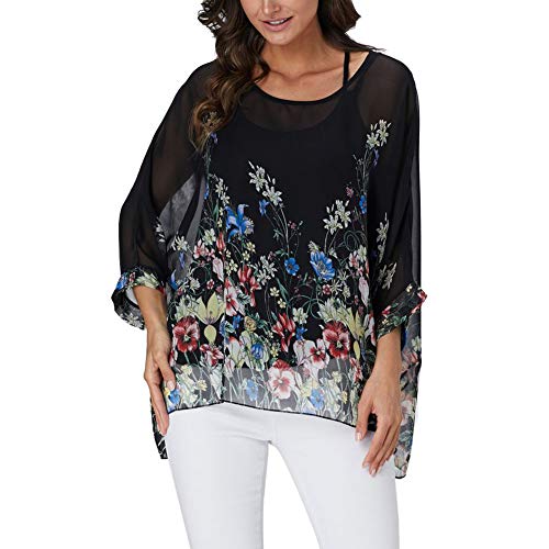 Image of Ckikiou Plus Size Batwing Flowy Semi Sheer Chiffon Blouse Tunic for Women Summer Floral Print Boho Beach Cover ups