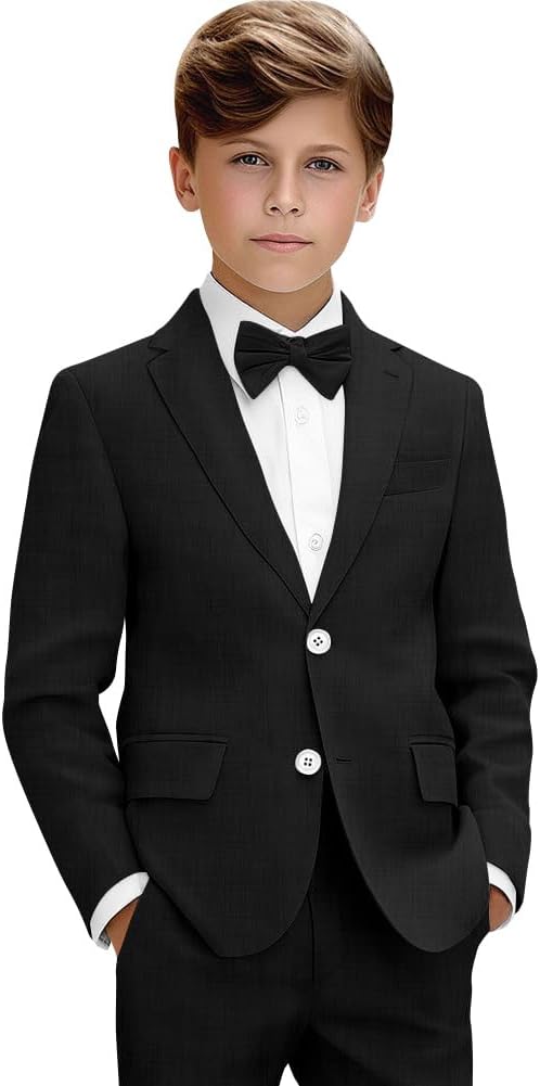 Boys Linen Suit 2 Piece Summer Beach Wedding Suit for Kid Casual Linen Jacket Pants Linen Tuxedo with Bow Tie
