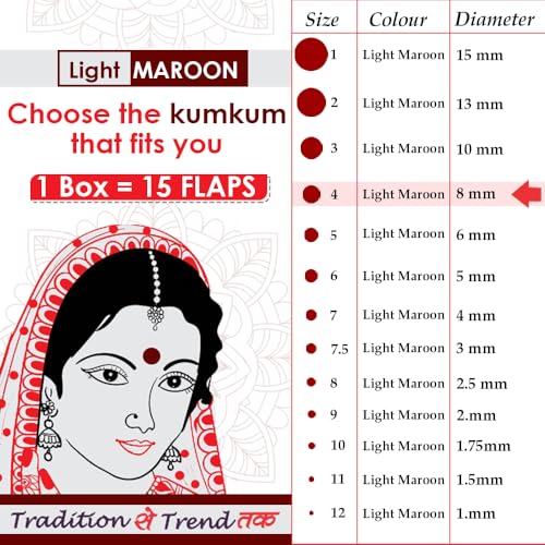 Image of PERPAA Kumkum Velvet Round Sticker Bindi Box of 15 Flaps for Ladies Women Forehead Bindi (Stick On) (Size 4, Diameter 8mm, Light Maroon)-Self-Adhesive