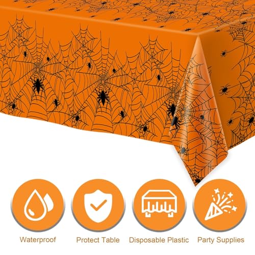 Image of Halloween Tablecloth,2 Pack Disposable Plastic Tablecloth 54 inchx108 inch Halloween Decorations,Orange Table Cloth for Birthday Decors,Spider Web Table Cover,Party Supplies for Indoor or Outside,Home,Dinner