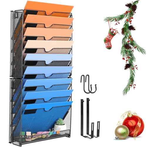 lemonsea Wall File Organizer, 10 Pockets Mesh Hanging File Organizer, Wall Mount File Paper Folder Holder With Hooks, Wall Organizer Magazine Document Mail for Office School, Black