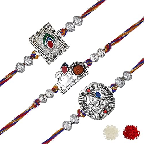 Image of eCraftIndia Set of 3 Rakhi Combo Hamper | Om Krishna Peacock Feather Lord Ganesha Silver Religious Designer Rakhis | Roli Chawal Pack