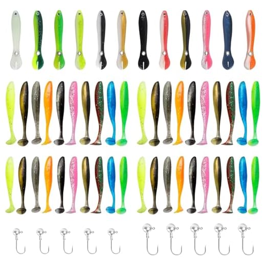 Leurre Souple Mer, Leurre Peche Carnassier, Leurre Souple Carnassier, 55PCS avec 10 Têtes Plombées Crochets Appâts de Pêche Artificiels Leurres de Pêche Simulation Accessoires de Pêche