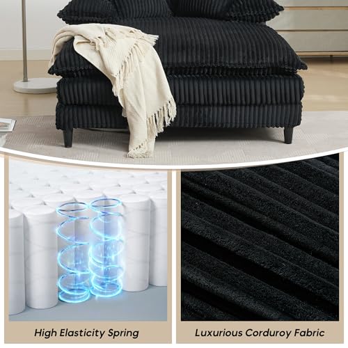 Image of Oversized Chaise Lounge Chair Indoor with 5-Position Adjustable Backrest, 54.8 inch Upholstered Corduroy Deep Seat Single Cloud Sofa Chair, Fluffy Modern Sleeper Couch Bed for Living Room, Black