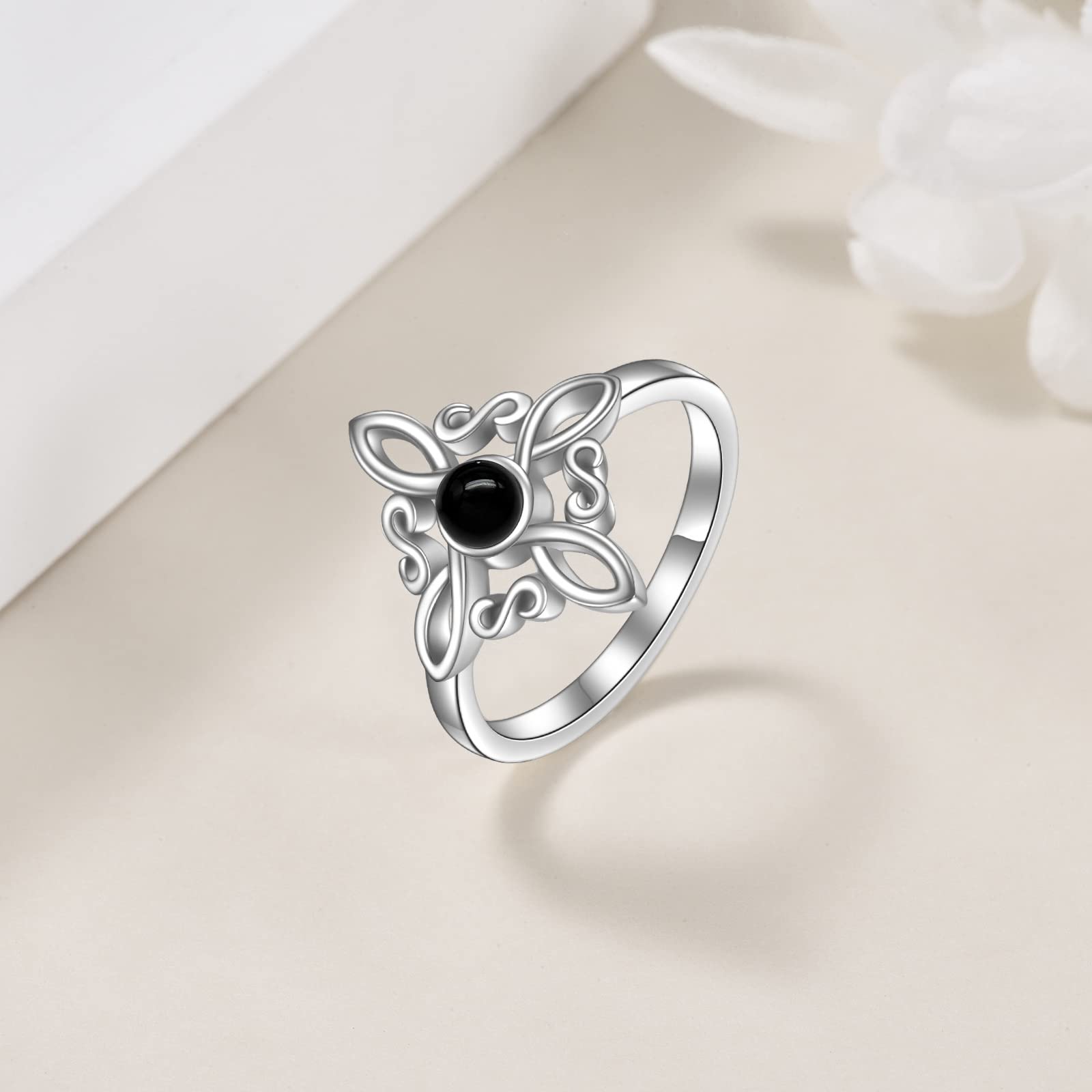 Bagues en argent sterling avec nœud de sorcière en forme de nœud de sorcière, onyx noir, bijoux païens, croix celtique, bijoux pour femmes et filles