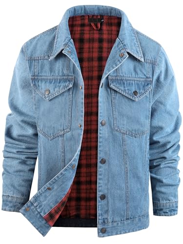 Mr.Stream Jeansjacke Herren Western Sommerjacke Cowboy Übergangsjacke Karierte Flanellfutter Denim Trucker Jacken mit Druckknopf 3270 Light Blue XL