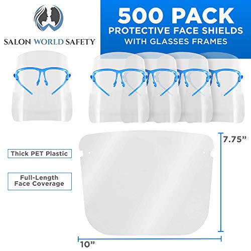 Image of TCP Global Salon World Safety Face Shields with Blue Glasses Frames (Case of 500) - Ultra Clear Protective Full Face Shields to Protect Eyes, Nose, Mouth - Anti-Fog PET Plastic, Goggles