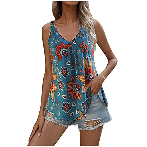 Zilosconcy Camiseta interior extra para mujer, sin mangas, retro, floral, informal, moderna, sin mangas, con estampado, camisola, para verano, azul claro, M
