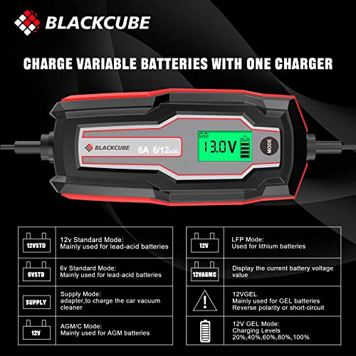 Blackcube 6-Amp Smart Car Battery Charger,6V And 12V Trickle Charger And Maintainer For Lead-Acid Battery, Up To 150Ah, Supersafe Battery Desulfator With Lcd Display Pulse Repair Charger #TOP4