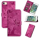 Refilerss Flip Case for iPhone SE 2022/2020/ iPhone 8/ iPhone 7/ iPhone 6 PU Leather Wallet Case with Card Slot Magnetic Clasp Stand Function Cover Cat Butterfly Pattern - Rose red