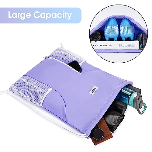 Image of WANDF Drawstring Backpack Sports Gym Sackpack with Mesh Pockets Water Resistant String Bag for Women Men (Purple)