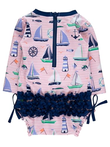 Image of RuffleButts Baby Girls UPF 50+ Sun Protection Floral Printed Long Sleeve One Piece Rash Guard Swimsuit with Zipper