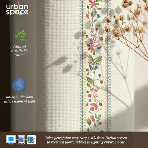 Image of Urban Space 100% Cotton Floral Curtains 8 Feet Long Set of 2, 60-65% Room Darkening, Decorative Curtains with Eyelets /Rings for Hanging, Tieback Included (Bela, Long Door - 8 Feet)