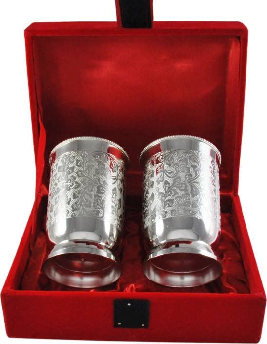 METALMASTERY Pure Brass Gold Design Glass for Drinking Serving Water Decorative Gift Item Traditional Indian Design (Silver)(Set of 2)-picture-10