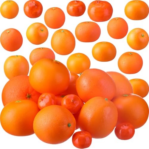 Suncalla 30 Pcs Artificial Oranges Mix Size Decoration Fake Oranges Simulation Faux Plastic Fruit Sets for Home Kitchen Cabinet Decor Photography Prop