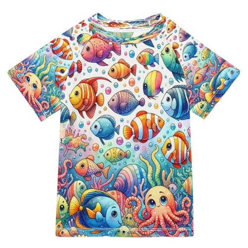 Toddler Boy Rash Guard Short Sleeve Swim Shirt Ocean Theme Print Rashguard 5-6T Beach Shirts Quick Dry,146