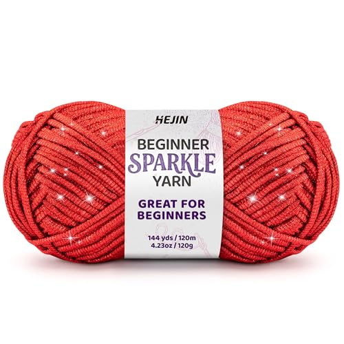 120g Red Sparkle Yarn for Crocheting and Knitting; 120m(144yds) for Beginners with Easy-to-See Stitches; Worsted-Weight Medium #4; Yarn for Beginners Crochet Kit Making