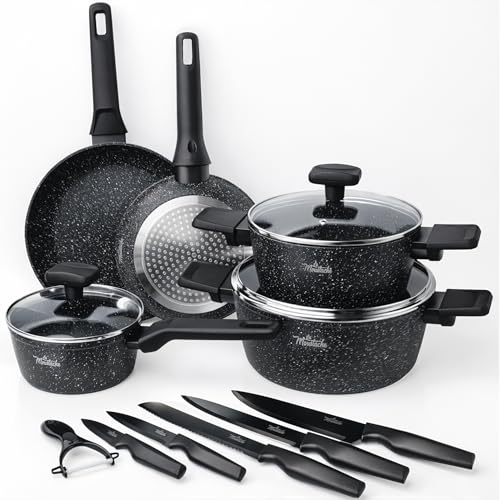 La Moustache - Batería de Cocina de Aluminio con Antiadherente | 8 Piezas Onix + 5 Cuchillos Inoxidables con Pelador de Verduras, Ollas y Sartenes Aptas para Todas las Cocinas, Incluso Inducción