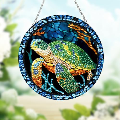 Image of AiYuanzsh Sea Turtle Diamond Painting Hanging Pendant Kit, Special Shaped Diamond Dots Acrylic Ornament, DIY Diamond Art Pendant for Adults Home Wall Window Decoration Gift