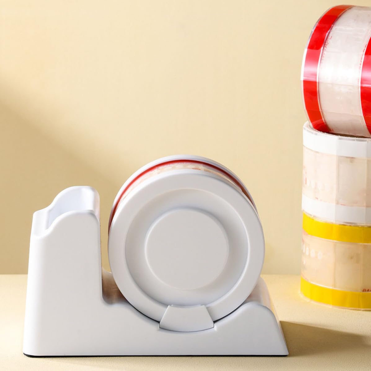 Dispenser da Scrivania in Plastica per Nastro Adesivo Bianco | Design Semplice e Moderno, Uso Pratico e Comodo, Formato da Tavolo per Ufficio
