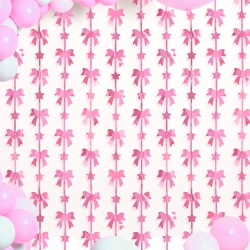 Image of Menstarsi Bow Foil Fringe Curtains, Pink Bow Birthday Backdrop, 2 Pack | Pink Bow Party Decorations Pink Coquette Party Supplies Photo Booth Props Backdrop for Baby Girls Bridal Shower Party Decor