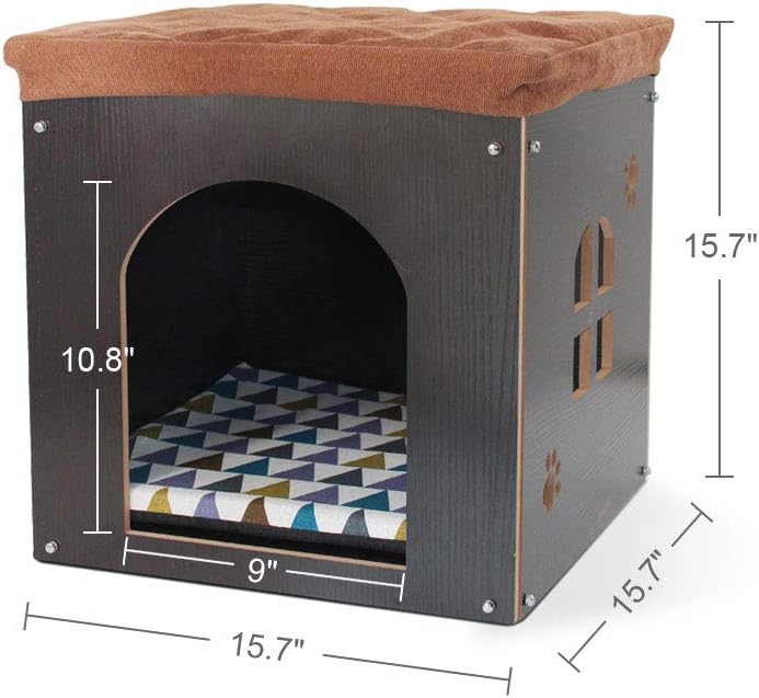 SONGWAY Cat House for Indoor Cats Large, Pet Cave with Carpet, Pet House Ottoman, Multipurpose Footrest with Cushion, Cube House for Cats and Small Dogs, Black L