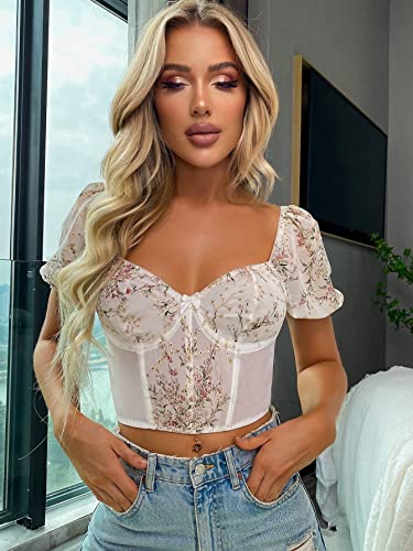 Milumia Women's Floral Puff Sleeve Bustier Crop Top Sweetheart Neck Corset Top A White Large #TOP4