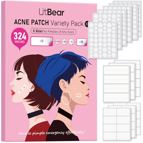 LitBear Large Pimple Patches (5 Sizes 324 Patches), Acne Patches for Face, Chin, Back or Body, Hydrocolloid Patches Suitable for All Skin Types