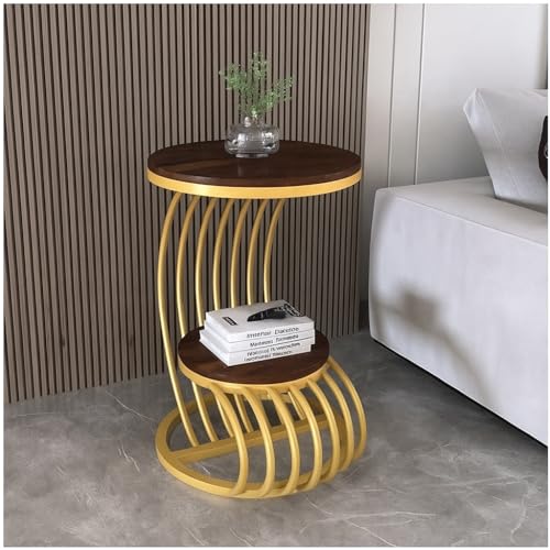 Image of Farmhouse Accent Coffee Table Simple Bedside Cabinet Small Round Table MDF Top Metal Table Living Room Sofa (Golden Brown)