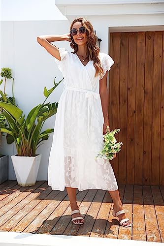 Image of VintageClothing Womens Sundress Casual Floral Summer Boho Dress | Flowy Wrap V Neck Ruffle A-Line Pleated Hem Midi Dresses