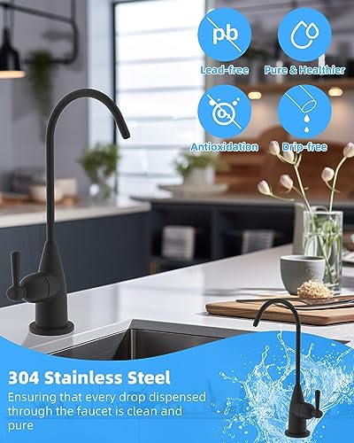 Image of Hibbent Drinking Water Faucet for Bar and Kitchen Sink, Stainless Steel Reverse Osmosis RO Faucet for Under-Sink Filtration System, Matte Black Finish