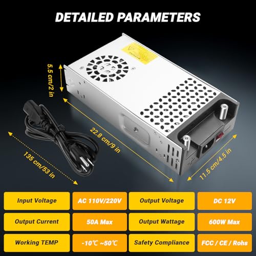 New Version Converter, 110V AC to 12V DC Converter Power Supply 12V 600W 50A DC Switch Transformer for RV,Pump,LED Strip, LCD Monitor (12V 600W) 5