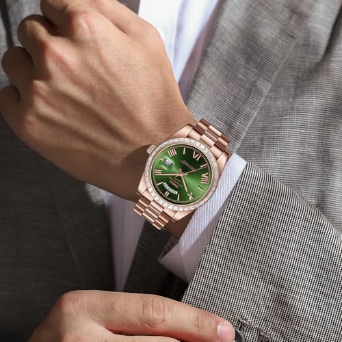 Image of NIBOSI Watches for Men Analog Quartz Diamond Bezel Stainless Steel Dial Rose Gold Silver Mens Watch Waterproof Business Classic Dress Wrist Watch with Day Date